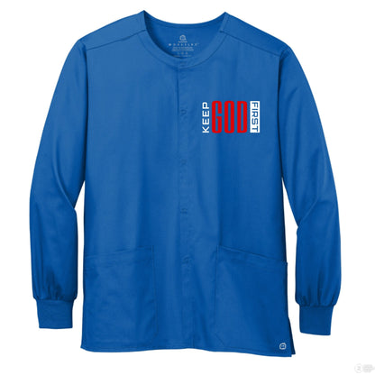 Keep HIm First Unisex Christian WorkFlex Snap - Front Scrub Jacket – Comfortable, Durable, and Professional Workwear - ClaimedbyGodDesigns