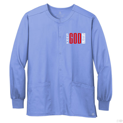 Keep HIm First Unisex Christian WorkFlex Snap - Front Scrub Jacket – Comfortable, Durable, and Professional Workwear - ClaimedbyGodDesigns