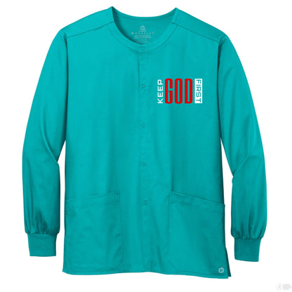 Keep HIm First Unisex Christian WorkFlex Snap - Front Scrub Jacket – Comfortable, Durable, and Professional Workwear - ClaimedbyGodDesigns