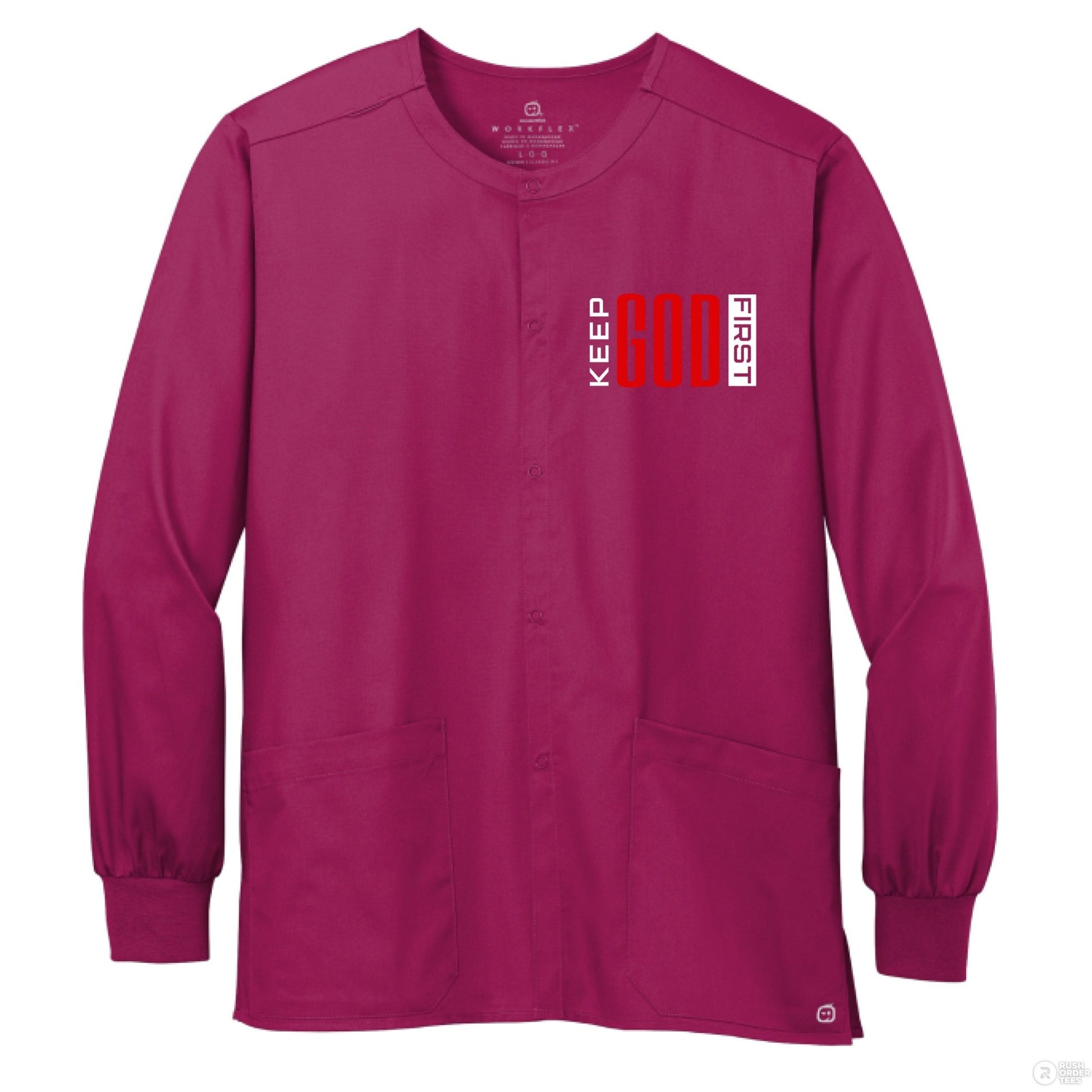 Keep HIm First Unisex Christian WorkFlex Snap - Front Scrub Jacket – Comfortable, Durable, and Professional Workwear - ClaimedbyGodDesigns