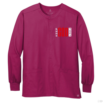 Keep HIm First Unisex Christian WorkFlex Snap - Front Scrub Jacket – Comfortable, Durable, and Professional Workwear - ClaimedbyGodDesigns