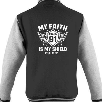 My Faith Is My Shield Men's Christian Heavyweight Letterman Jacket - ClaimedbyGodDesigns