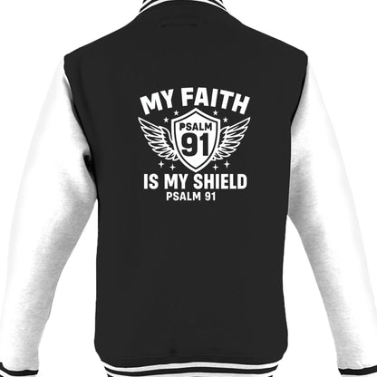 My Faith Is My Shield Men's Christian Heavyweight Letterman Jacket - ClaimedbyGodDesigns