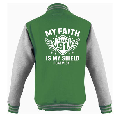 My Faith Is My Shield Men's Christian Heavyweight Letterman Jacket - ClaimedbyGodDesigns