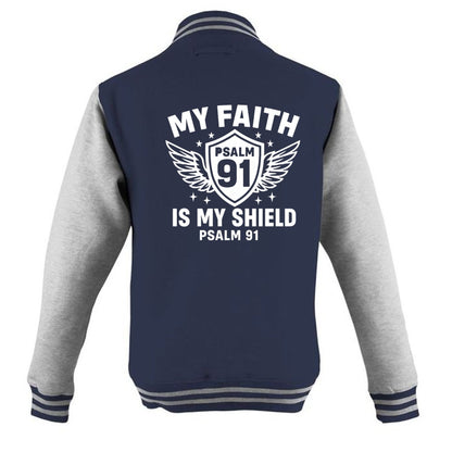 My Faith Is My Shield Men's Christian Heavyweight Letterman Jacket - ClaimedbyGodDesigns