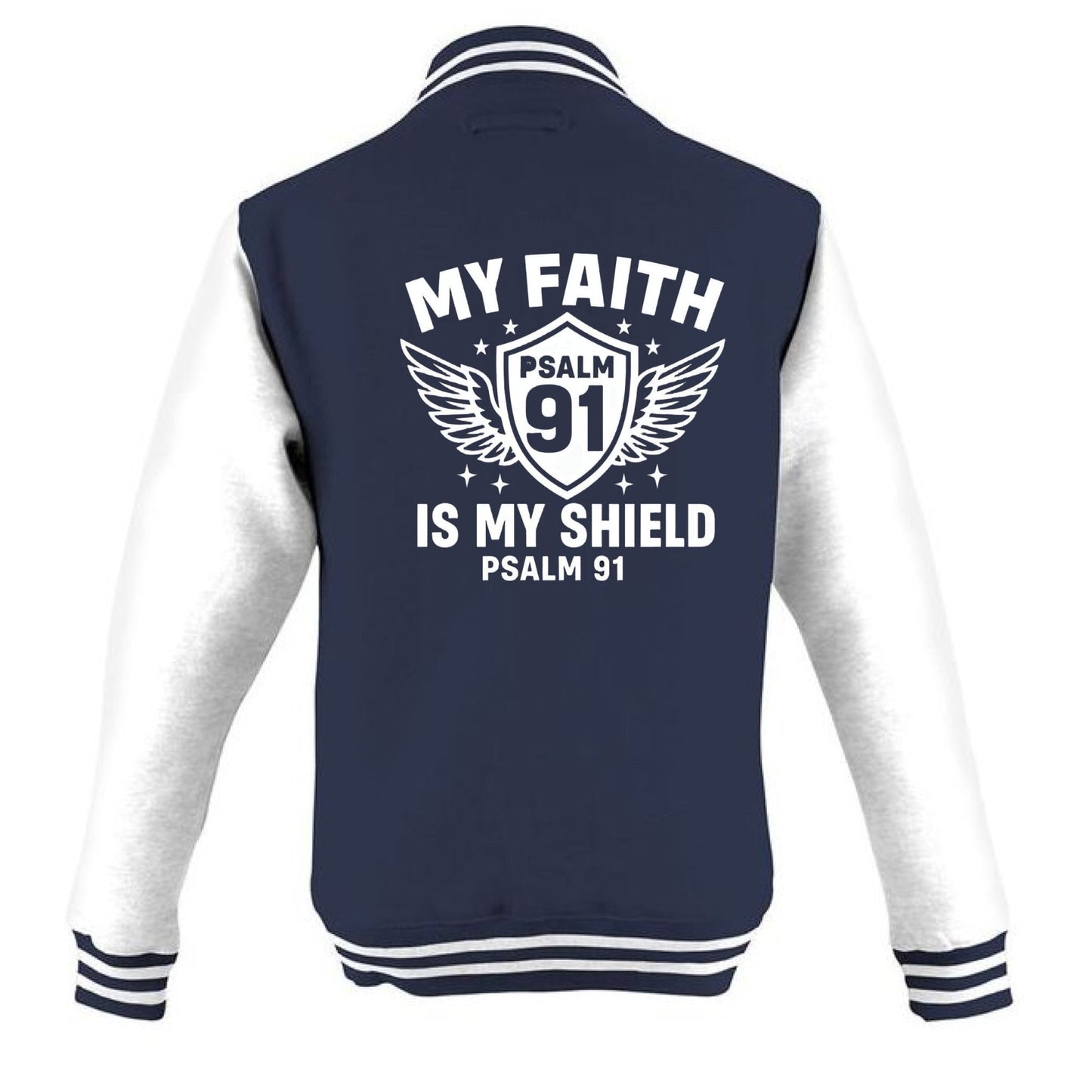 My Faith Is My Shield Men's Christian Heavyweight Letterman Jacket - ClaimedbyGodDesigns