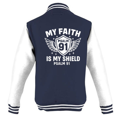 My Faith Is My Shield Men's Christian Heavyweight Letterman Jacket - ClaimedbyGodDesigns