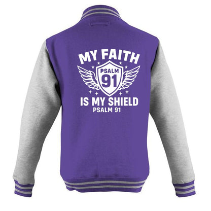 My Faith Is My Shield Men's Christian Heavyweight Letterman Jacket - ClaimedbyGodDesigns