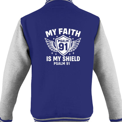 My Faith Is My Shield Men's Christian Heavyweight Letterman Jacket - ClaimedbyGodDesigns