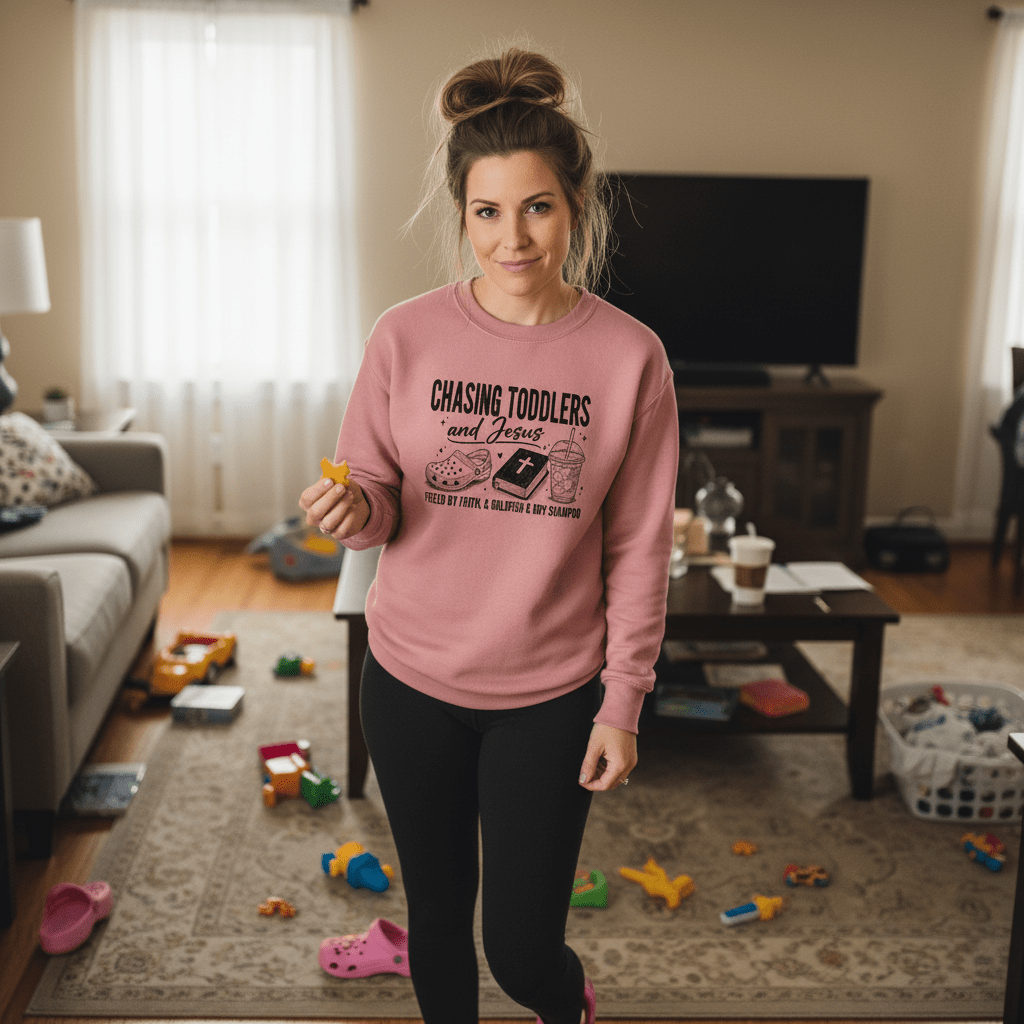 Chasing Toddlers And Him Fueled By Faith Women’s Christian Pullover Sweatshirt - ClaimedbyGodDesigns