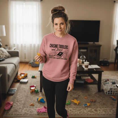 Chasing Toddlers And Him Fueled By Faith Women’s Christian Pullover Sweatshirt - ClaimedbyGodDesigns