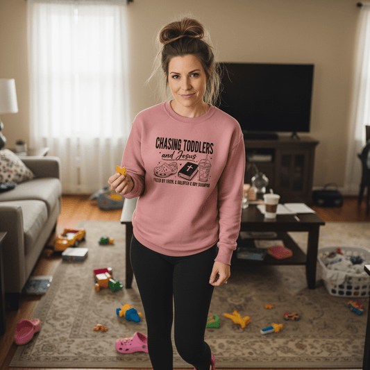 Chasing Toddlers And Him Fueled By Faith Women’s Christian Pullover Sweatshirt - ClaimedbyGodDesigns