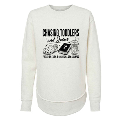 Chasing Toddlers And Him Fueled By Faith Women’s Christian Pullover Sweatshirt - ClaimedbyGodDesigns