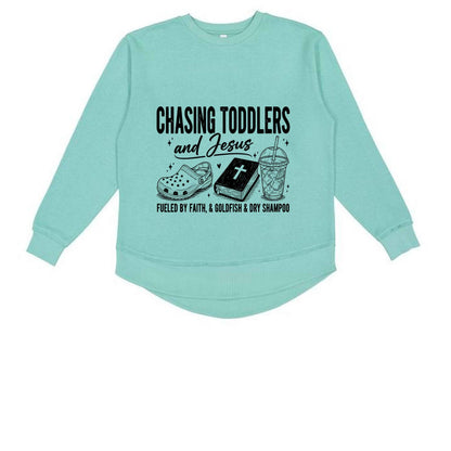 Chasing Toddlers And Him Fueled By Faith Women’s Christian Pullover Sweatshirt - ClaimedbyGodDesigns