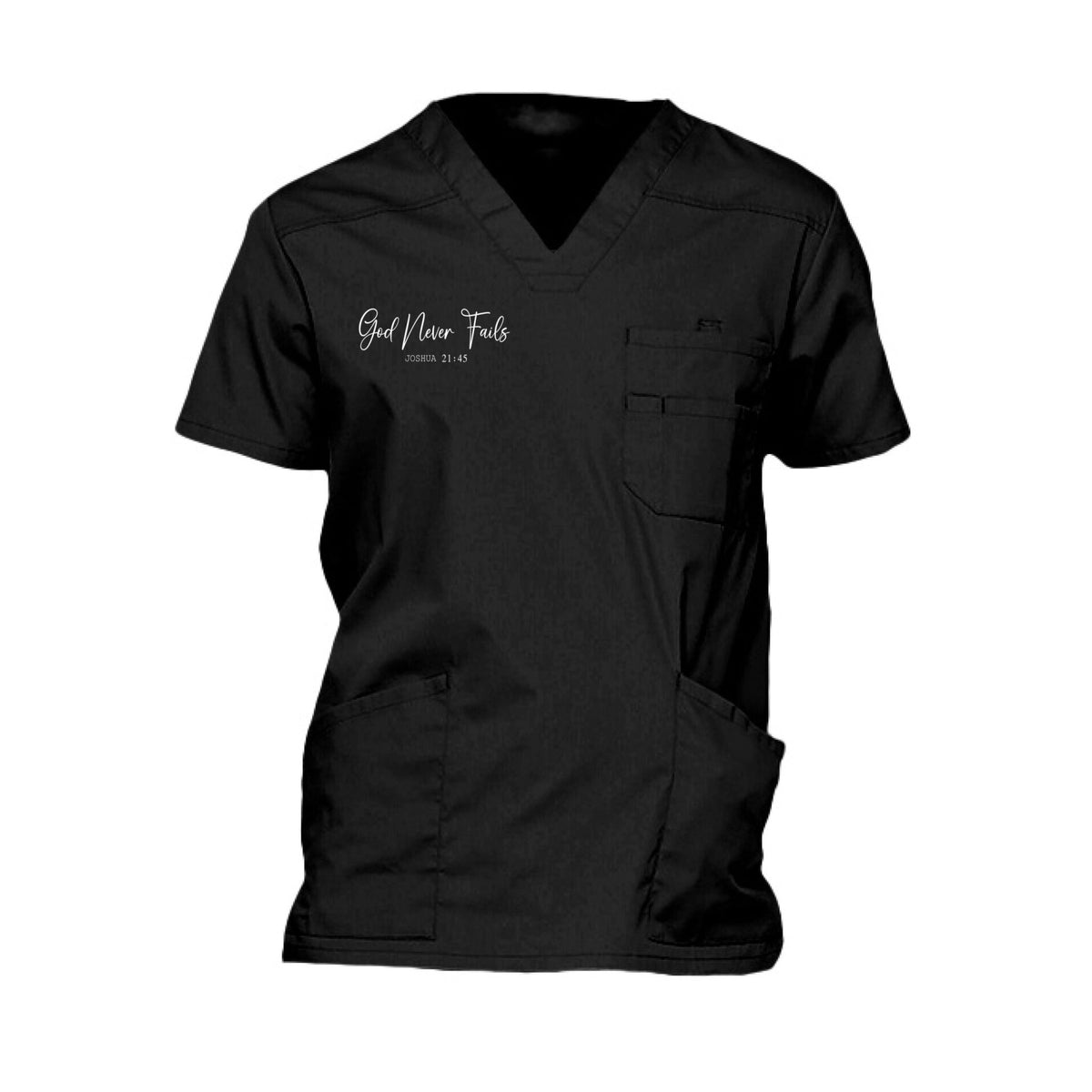 He Never Fails Men’s Christian 5‑Pocket V‑Neck Premium Medical Scrub Top - ClaimedbyGodDesigns