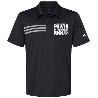 There Is Power In The Name Of Jesus Men’s Christian Premium 3‑Stripes Chest Sport Shirt - ClaimedbyGodDesigns