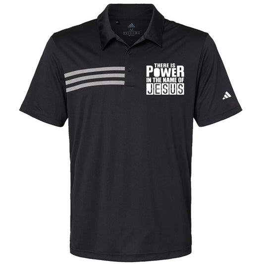 There Is Power In The Name Of Jesus Men’s Christian Premium 3‑Stripes Chest Sport Shirt - ClaimedbyGodDesigns