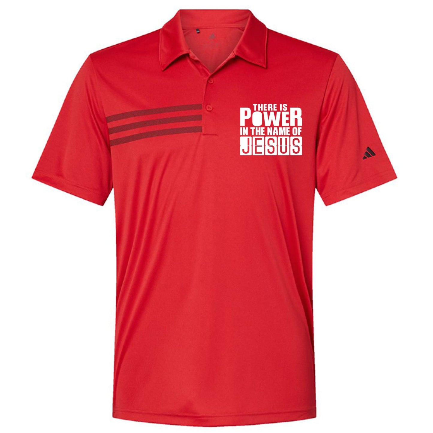 There Is Power In The Name Of Jesus Men’s Christian Premium 3‑Stripes Chest Sport Shirt - ClaimedbyGodDesigns