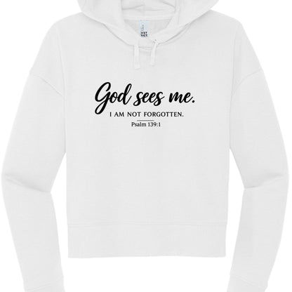 God Sees Me Women's Christian Cropped Hooded Sweatshirt - ClaimedbyGodDesigns