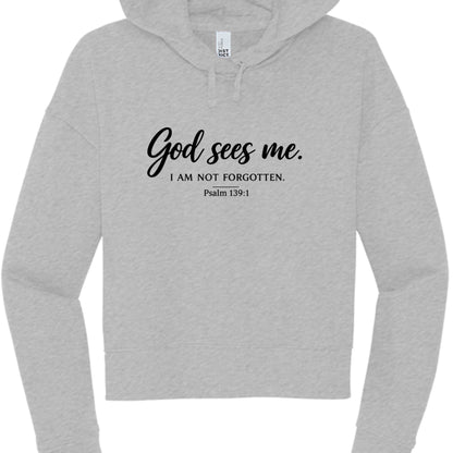 God Sees Me Women's Christian Cropped Hooded Sweatshirt - ClaimedbyGodDesigns