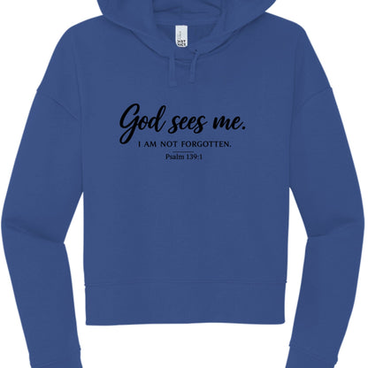 God Sees Me Women's Christian Cropped Hooded Sweatshirt - ClaimedbyGodDesigns