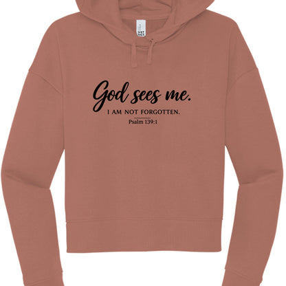 God Sees Me Women's Christian Cropped Hooded Sweatshirt - ClaimedbyGodDesigns