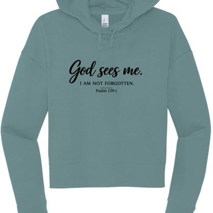 God Sees Me Women's Christian Cropped Hooded Sweatshirt - ClaimedbyGodDesigns