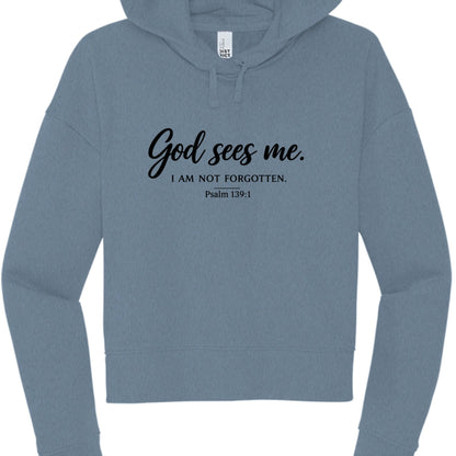 God Sees Me Women's Christian Cropped Hooded Sweatshirt - ClaimedbyGodDesigns