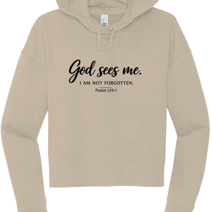 God Sees Me Women's Christian Cropped Hooded Sweatshirt - ClaimedbyGodDesigns