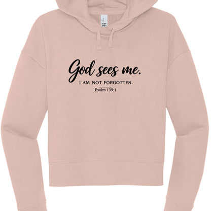 God Sees Me Women's Christian Cropped Hooded Sweatshirt - ClaimedbyGodDesigns