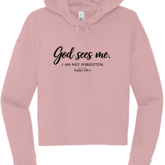 God Sees Me Women's Christian Cropped Hooded Sweatshirt - ClaimedbyGodDesigns