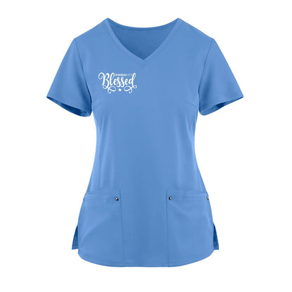 Blessed Premium Women’s Christian 2‑Pocket Juliet Stylish V‑Neck Medical Scrub Top - ClaimedbyGodDesigns