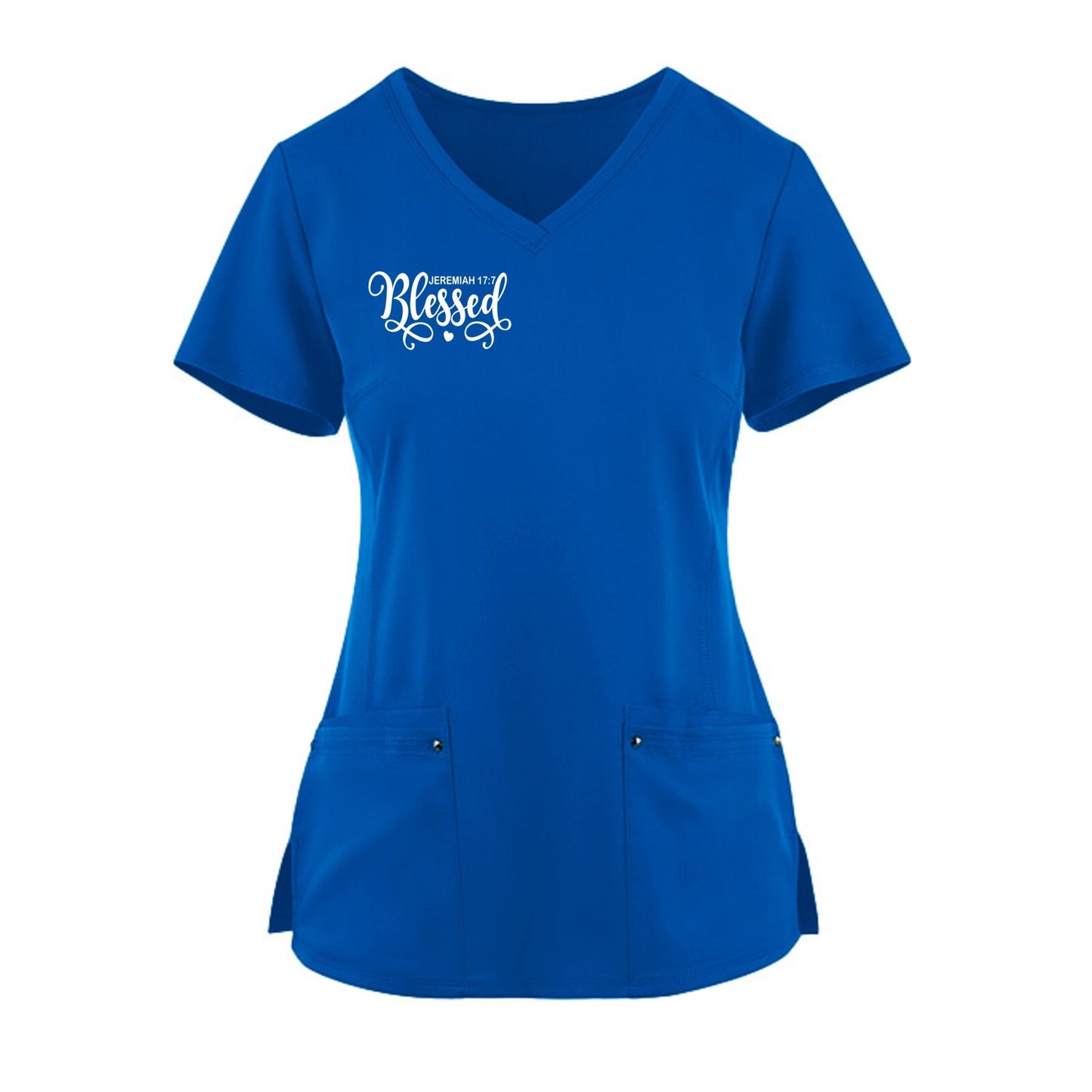 Blessed Premium Women’s Christian 2‑Pocket Juliet Stylish V‑Neck Medical Scrub Top - ClaimedbyGodDesigns