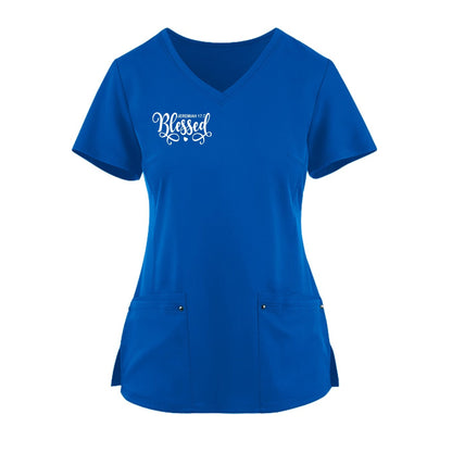 Blessed Premium Women’s Christian 2‑Pocket Juliet Stylish V‑Neck Medical Scrub Top - ClaimedbyGodDesigns