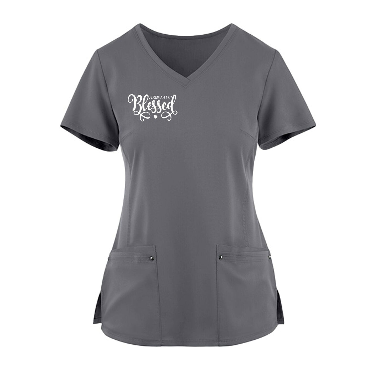 Blessed Premium Women’s Christian 2‑Pocket Juliet Stylish V‑Neck Medical Scrub Top - ClaimedbyGodDesigns