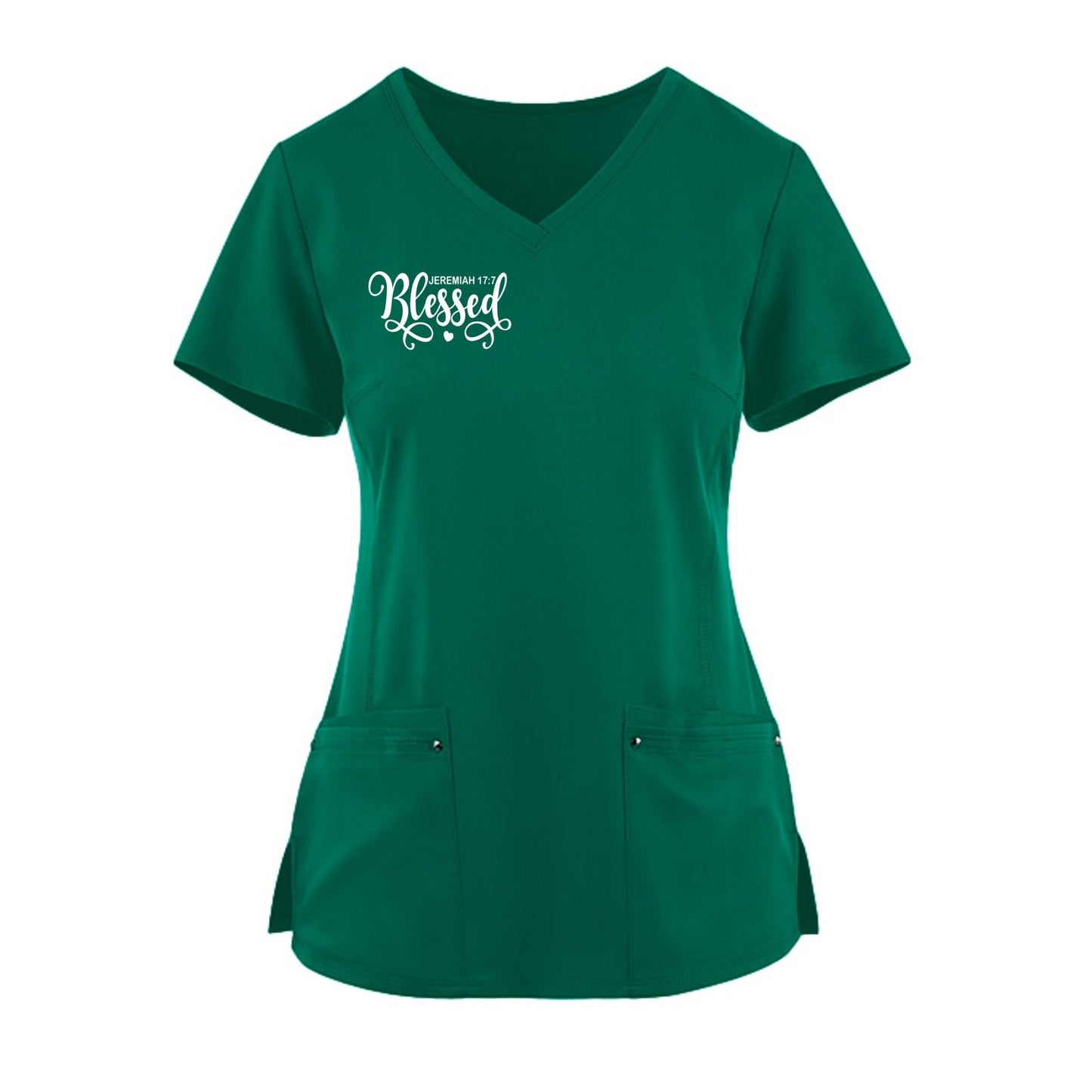 Blessed Premium Women’s Christian 2‑Pocket Juliet Stylish V‑Neck Medical Scrub Top - ClaimedbyGodDesigns