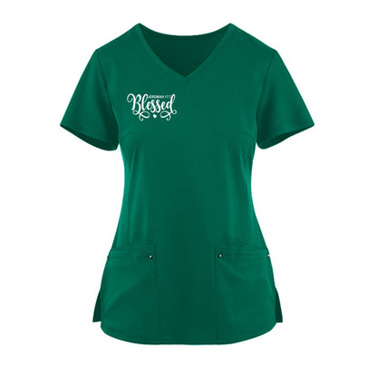 Blessed Premium Women’s Christian 2‑Pocket Juliet Stylish V‑Neck Medical Scrub Top - ClaimedbyGodDesigns