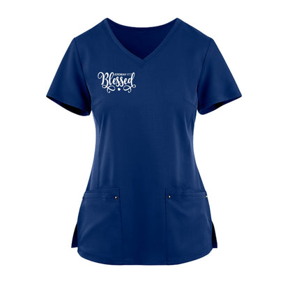Blessed Premium Women’s Christian 2‑Pocket Juliet Stylish V‑Neck Medical Scrub Top - ClaimedbyGodDesigns