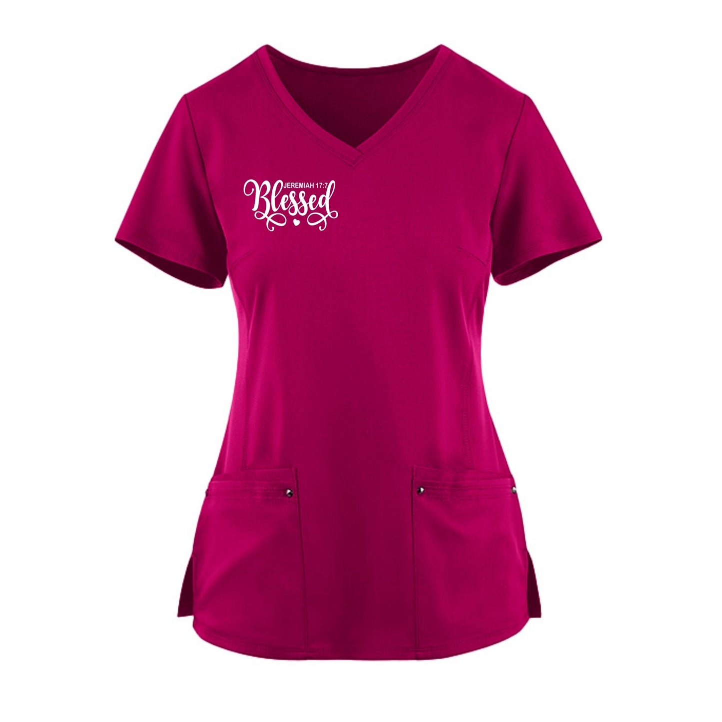 Blessed Premium Women’s Christian 2‑Pocket Juliet Stylish V‑Neck Medical Scrub Top - ClaimedbyGodDesigns