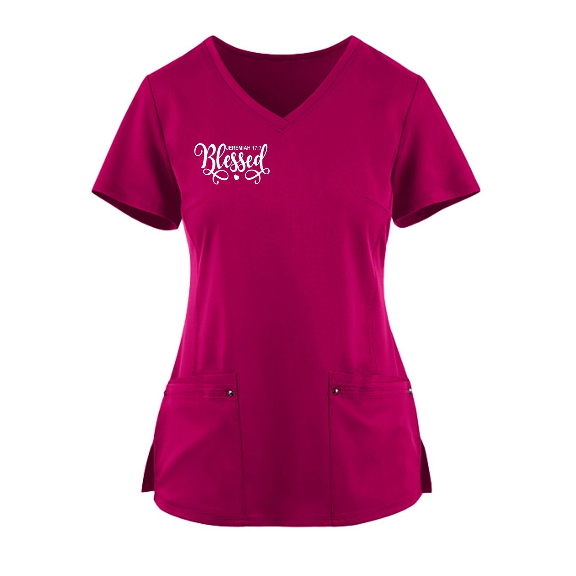 Blessed Premium Women’s Christian 2‑Pocket Juliet Stylish V‑Neck Medical Scrub Top - ClaimedbyGodDesigns