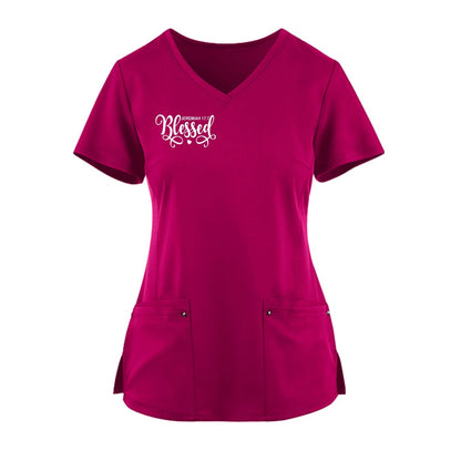 Blessed Premium Women’s Christian 2‑Pocket Juliet Stylish V‑Neck Medical Scrub Top - ClaimedbyGodDesigns