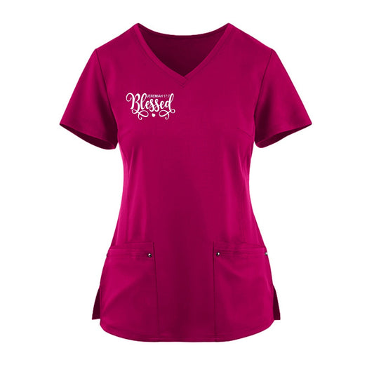 Blessed Premium Women’s Christian 2‑Pocket Juliet Stylish V‑Neck Medical Scrub Top - ClaimedbyGodDesigns