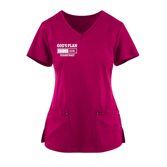 God's Plan Loading Premium Women’s Christian 2‑Pocket Juliet Stylish V‑Neck Medical Scrub Top - ClaimedbyGodDesigns