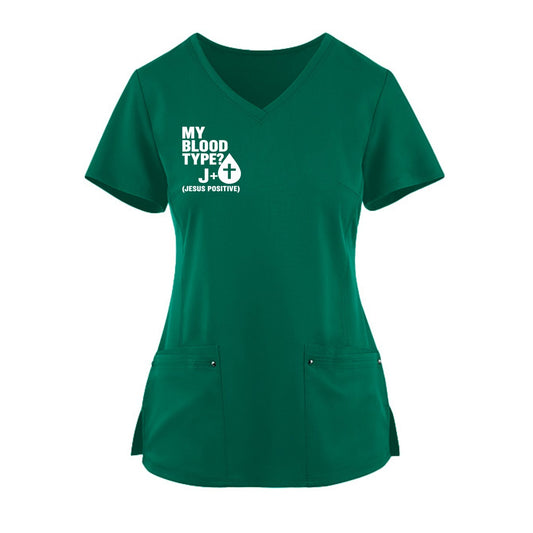 My Blood Type Is Jesus Positive – Women’s Christian 2‑Pocket Juliet Stylish V‑Neck Medical Scrub Top - ClaimedbyGodDesigns