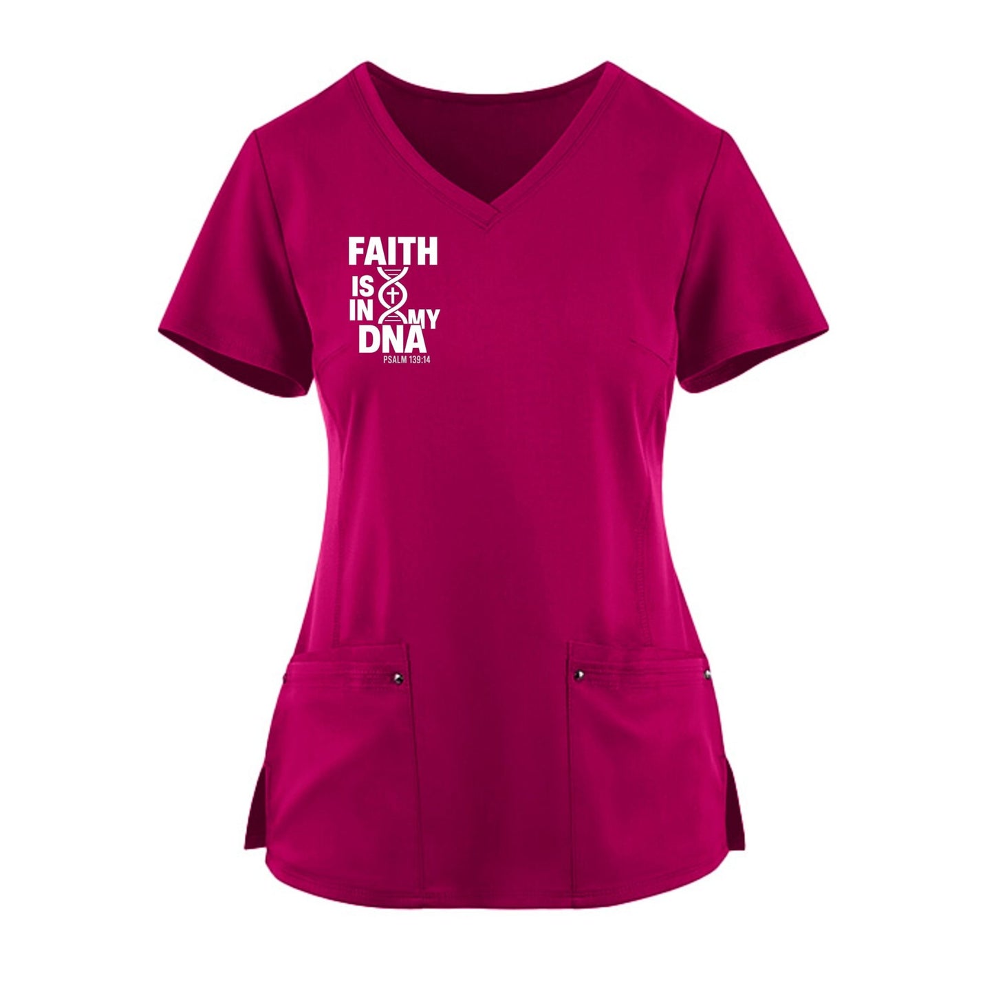 Faith Is In My DNA Premium Women’s Christian 2‑Pocket Juliet Stylish V‑Neck Medical Scrub Top - ClaimedbyGodDesigns