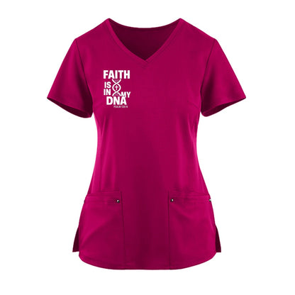 Faith Is In My DNA Premium Women’s Christian 2‑Pocket Juliet Stylish V‑Neck Medical Scrub Top - ClaimedbyGodDesigns