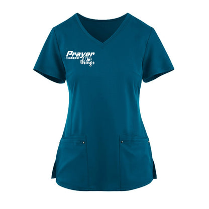 Prayer Changes Things Premium Women’s Christian 2‑Pocket Juliet Stylish V‑Neck Medical Scrub Top - ClaimedbyGodDesigns