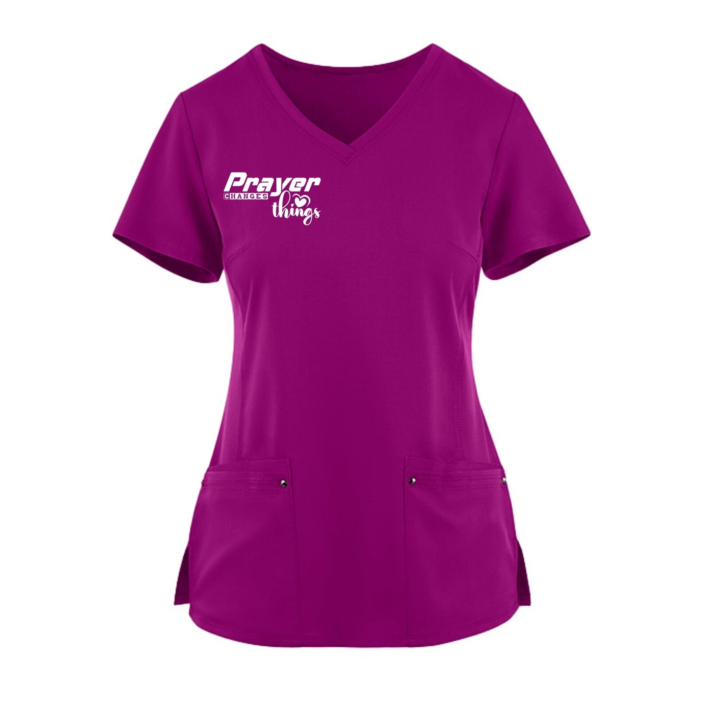 Prayer Changes Things Premium Women’s Christian 2‑Pocket Juliet Stylish V‑Neck Medical Scrub Top - ClaimedbyGodDesigns