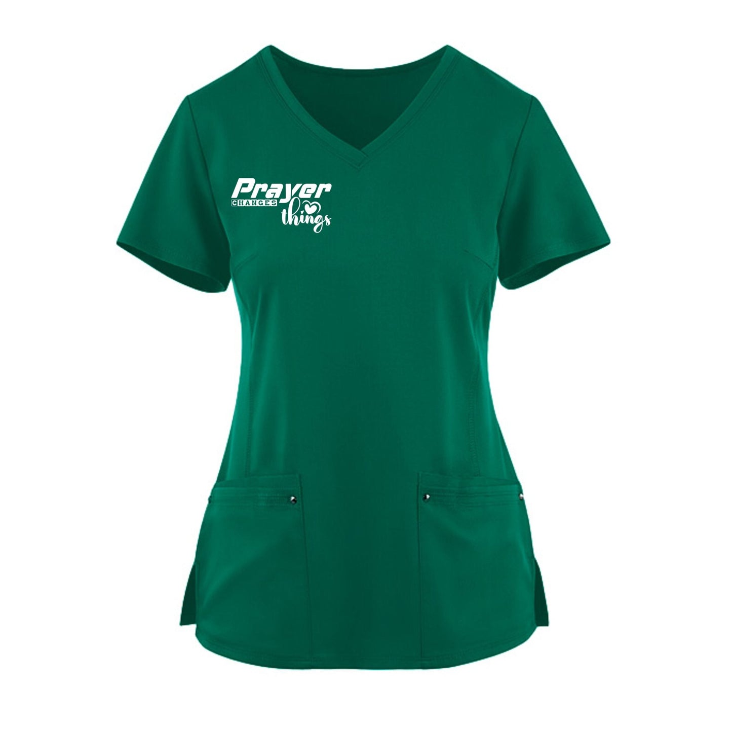 Prayer Changes Things Premium Women’s Christian 2‑Pocket Juliet Stylish V‑Neck Medical Scrub Top - ClaimedbyGodDesigns