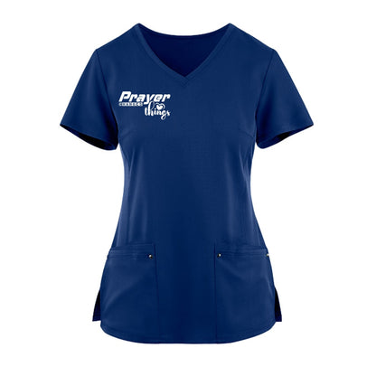 Prayer Changes Things Premium Women’s Christian 2‑Pocket Juliet Stylish V‑Neck Medical Scrub Top - ClaimedbyGodDesigns